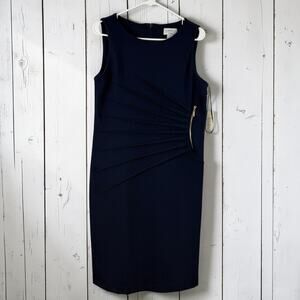 Carmen Marc Valvo Sheath Dress Size 8 Navy Textured Ruched Career Cocktail